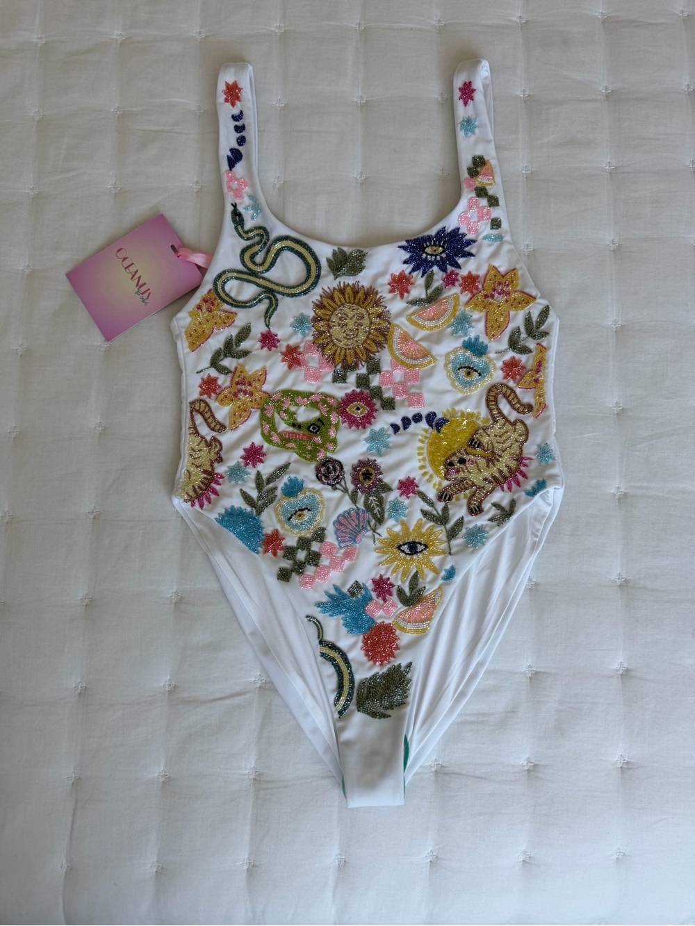 Oceanus Swimwear NWT Medium Sunny Snake Beaded Swimsuit in White - Picture 9 of 12